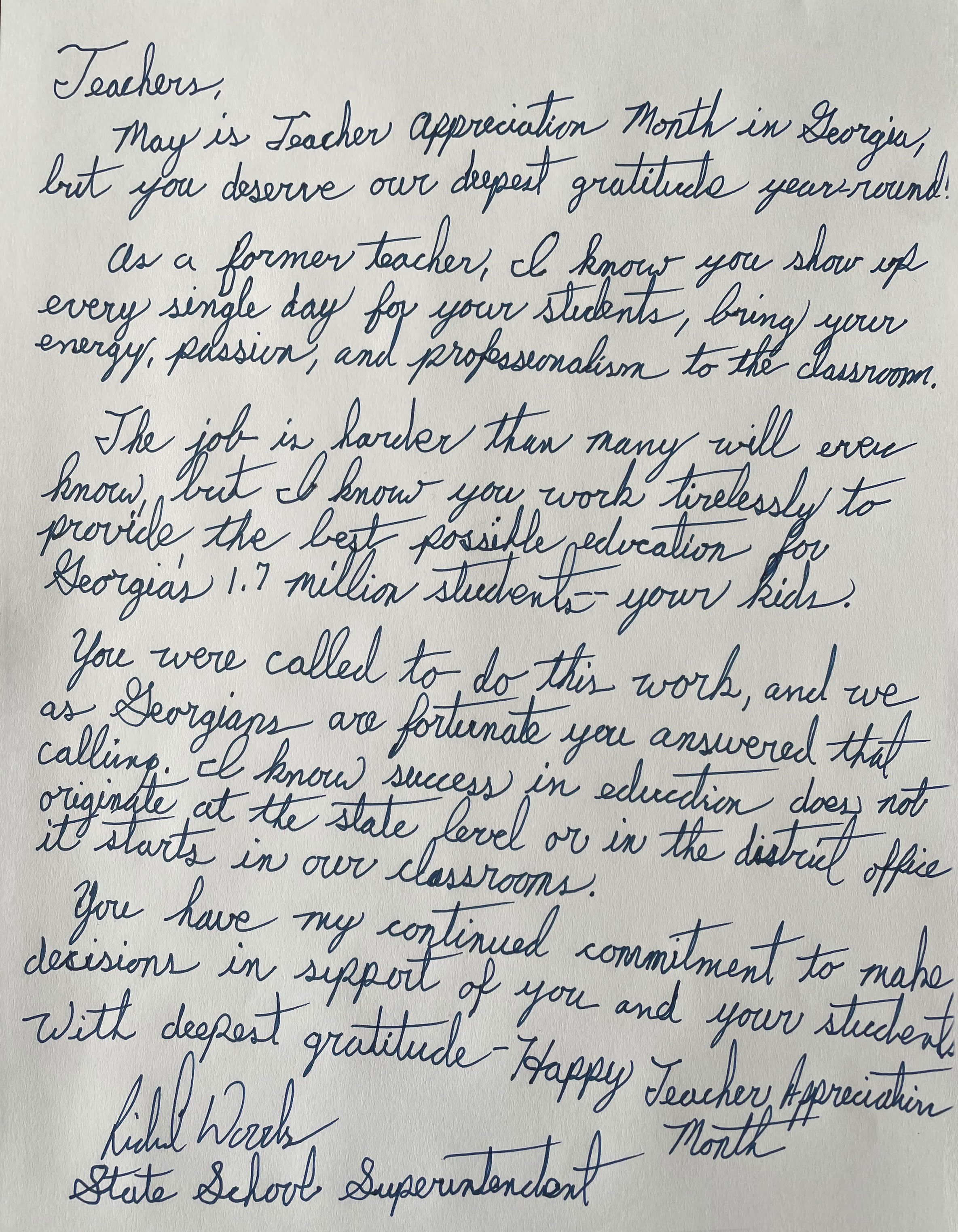 A handwritten letter from State Superintendent Richard Woods to the teachers of Georgia, in recognition of Teacher Appreciation Month